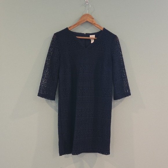 Chico's Navy Sheath Dress Blue Lace 3/4 Sleeve Crew Neck Size 4 (Chico's Size 0) - Picture 1 of 12